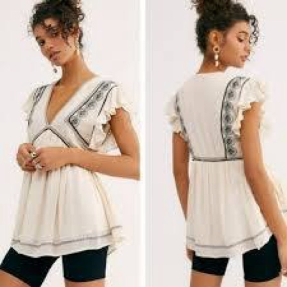 Free People Cream Embroidered V-Neck Flutter Sleeve Top Size XS